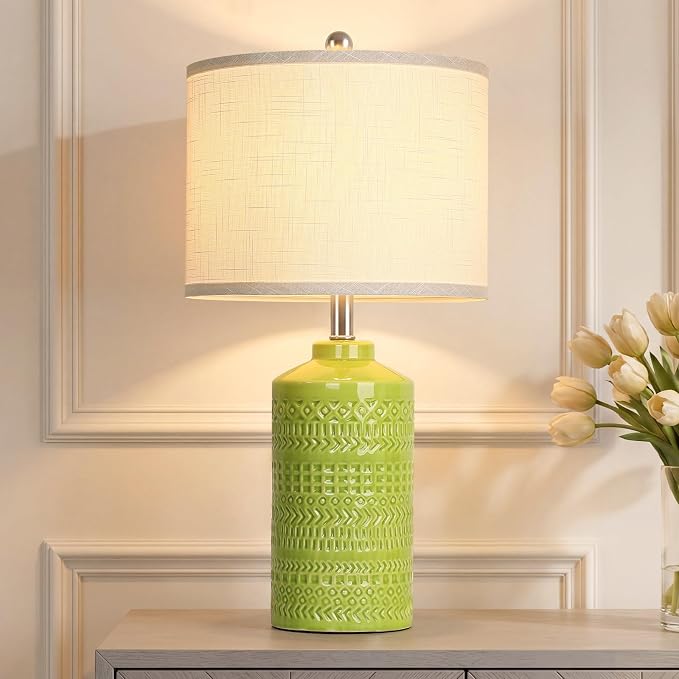 JUNNAI Light Green Ceramic Table Lamp 25 inch 3-Way Dimmable Nightstand Lamp with White Linen Shade Bedside Lamp for Living Room Bedroom Office Reading (Bulb Included)
