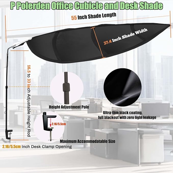 P Polerden Black Office Cubicle and Desk Shade for Cubicle to Block Light | for Light Sensititve Workers，Block Overhead Light,Glare,And Airflow,Uv-Resistant Fabric,Adjustable