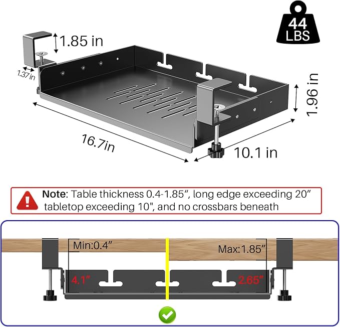 BYMECOST No Drill Under Desk Laptop Mount, Metal Under Desk Storage Shelf | Laptop Storage Tray for Macbook, Mac Mini, Controllers and Cables, Anti-scratch Silicone, fits Office, Gaming, Workstations