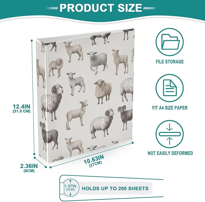 Various Sheep Vintage Sheep Binder 3 Ring 1.5 Inch Binder with Clipboard&Pockets, Hardcover Binders Heavy Duty Large File Folder for Office School Supplies - Holds 200 Sheets