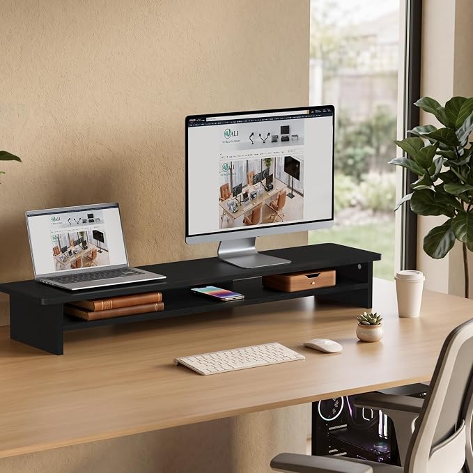 WALI 42 inch Large Wood Dual Monitor Stand Riser with Storage, up to 88lbs | Multi-Purpose Computer Stands, 2 Tier Desktop Organizer Desk Shelf for Home Office PC, Laptop, Printer, TV (WTT001), Black