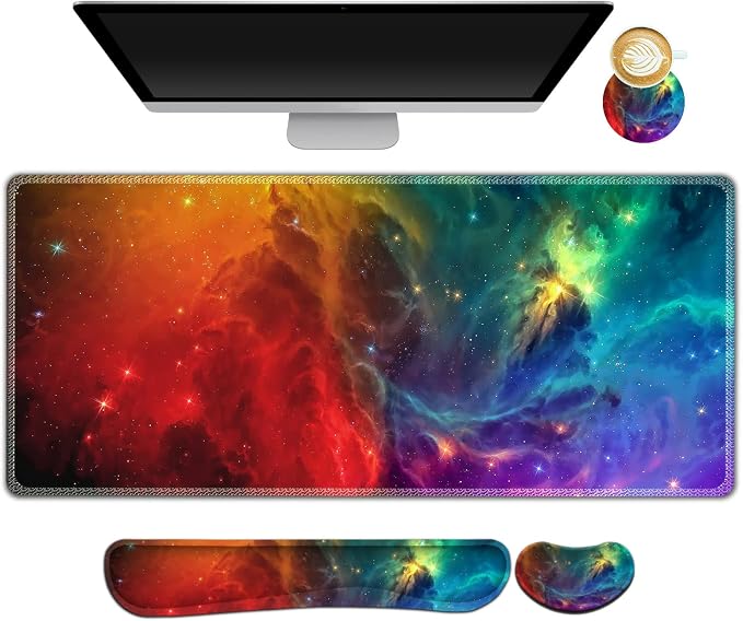 Extended Gaming Mouse Pad Set, Keyboard Wrist Rest Support Pad + Wrist Cushion + XXL Large Mouse Pad + Coaster, Stitched Edge, Non-Slip, Memory Foam Desk Mat, Color Nebula Galaxy