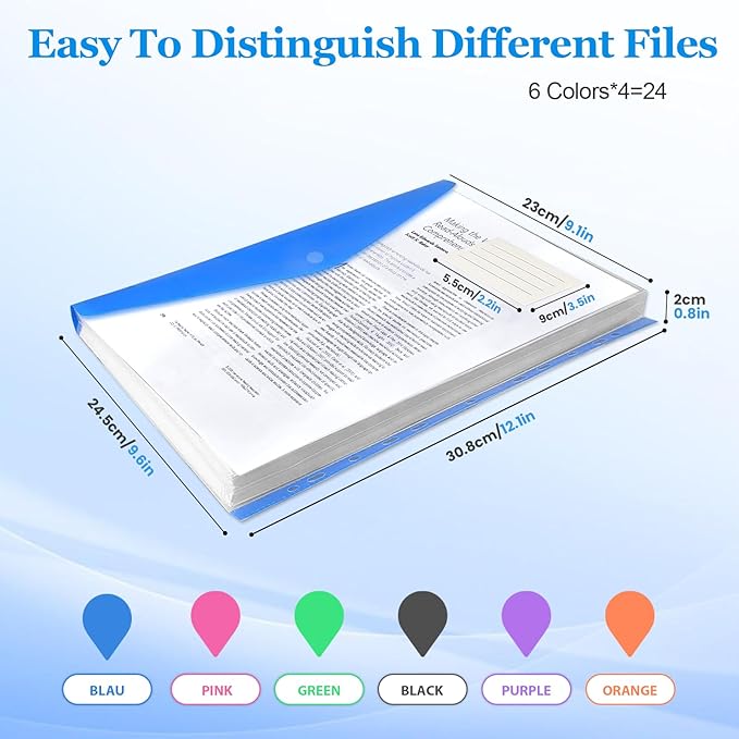 24 Pack Binder Folders with Pockets 11 Holes Expandable Dividers for 2/3/4 Ring Document Pouch with Label Loose-Leaf Transparent Binder Organizer for School Home Office(Side-Opening)
