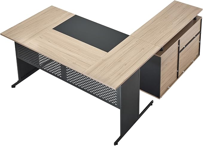 VEVOR 63" L-Shaped Executive Desk, Large Office Desk with Drawers, File Storage Cabinet, Detachable 350 LBS Load Capacity Corner Table, Easy Assembly, Business Furniture Workstation for Home Office