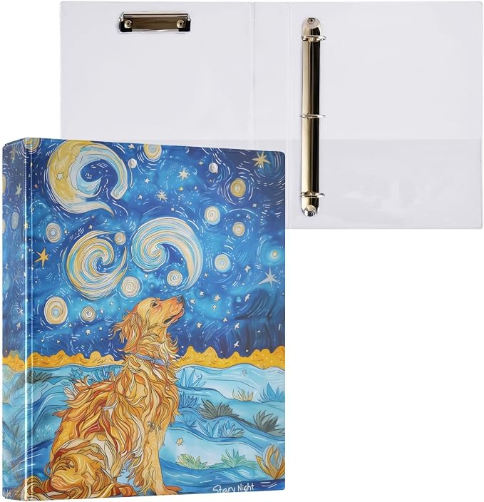 Golden Retriever Starry Night 3 Ring Binder with 2 Interior Pockets 1.5 inch Binders 3 Ring Heavy Duty Fit 8.5" x 11" Letter Size for Office School, 2 Pack