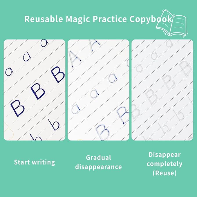 Premium Grooved Handwriting Practice for Kids, Reusable Children's Magic Copybook with Pencil Grips and Pouch, Large Size Calligraphy Workbooks Kit for Pre-School, Kindergarten(30 Refills)