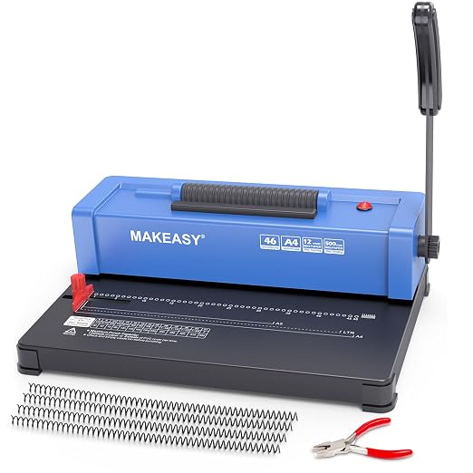 Spiral Binding Machine, 4:1 Pitch, 12 Sheets Punch Capacity, Electric Coil Insert, Book Binder Machine for A4/A5/Letter Size Paper, Comes with 100 pcs 5/16'' Coils & Pliers