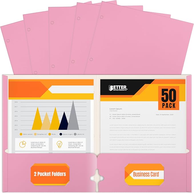 Better Office Products Two Pocket Portfolio Folders, 50-Pack, Pink, Letter Size Paper Folders, 50 Pieces, Pink