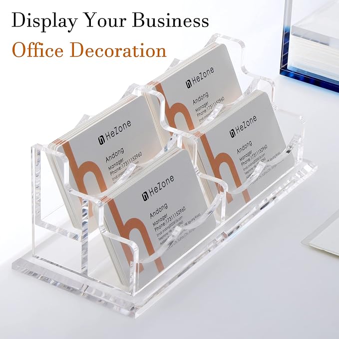 HeZone Business Card Holder Display for Desk, Cards Organizer Case for Women and Men 4 Slot 2 Tier, Clear Acrylic Business Card Stand Rack with 1 Pack (4 Grid-H)
