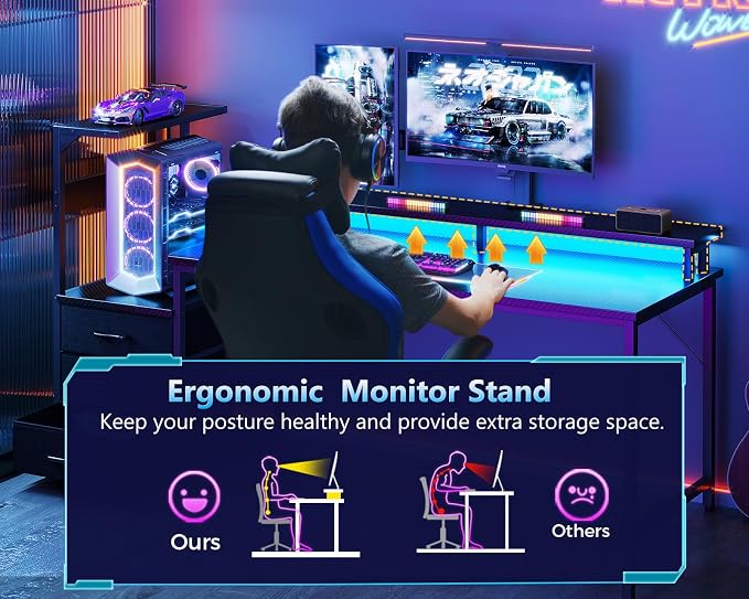 AODK Gaming Desk w/PC Showcase Stand, 59" Reversible, RGB LED, Black | Elevated stand fits Lian Li O11, Hyte Y60. Triple drawers hide cables, controllers, clutter