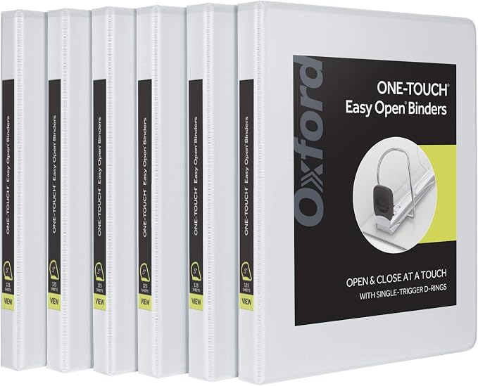 Oxford 3 Ring Binders, 0.5 inch ONE-Touch Easy Open D Rings, Durable Binders for School and Office, View Binder Covers, Xtralife Hinge, Non-Stick, PVC-Free, White, Holds 125 Sheets, 6 PK (79902)