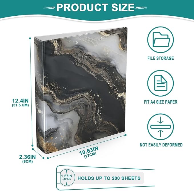 Liquid Marble Black Gold 3 Ring Binders 1.5 Inch Clear View Three Ring Binders Versatile Binder for Work School Office Supply 1 Pack