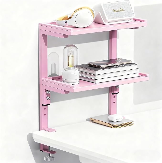 Spacrea Clamp on Desk Shelf, 2 Tier Office Desk Shelves Organizer, Wood Desktop Supplies Storage Rack, Desk Organizers and Accessories (Pink)