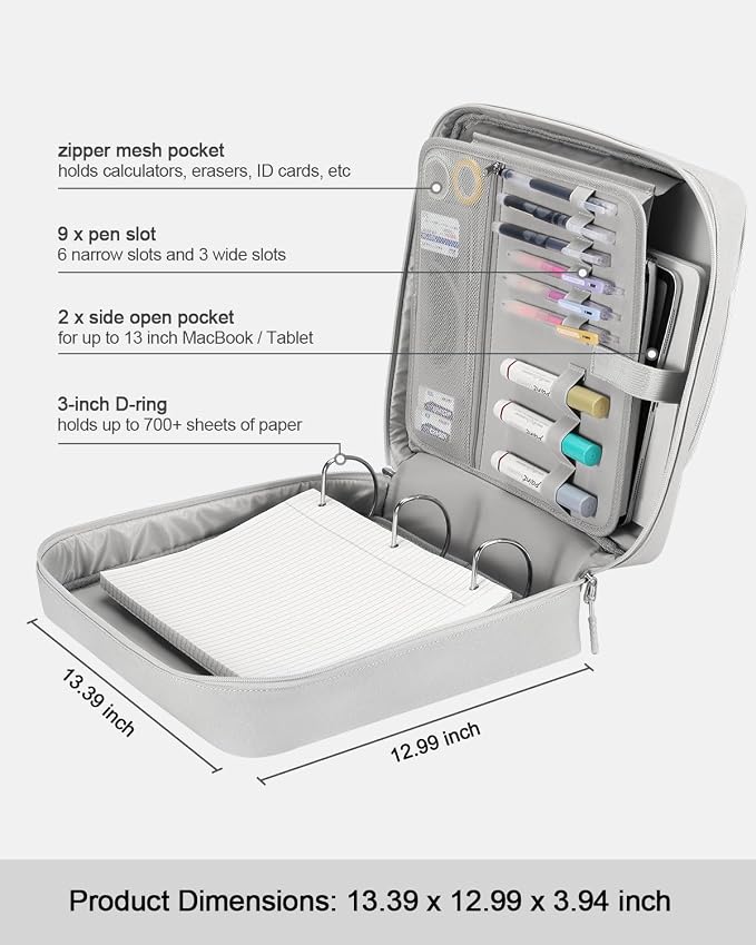 3-Inch 3-Ring Zipper Binder with Shoulder Strap and Multiple Pockets | D-Ring Zip Up Binder with 700 Sheets Capacity, Compatible with 13" MacBook/Tablet, for Middle School, Office, Gray