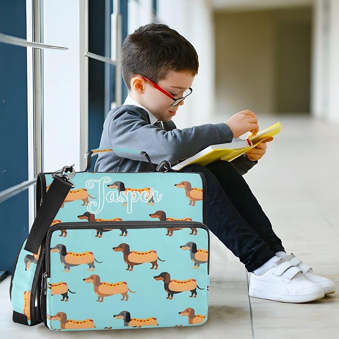 Custom Personalized Name Cute Dachshunds Hotdog Blue Zipper Binder 3 Ring
