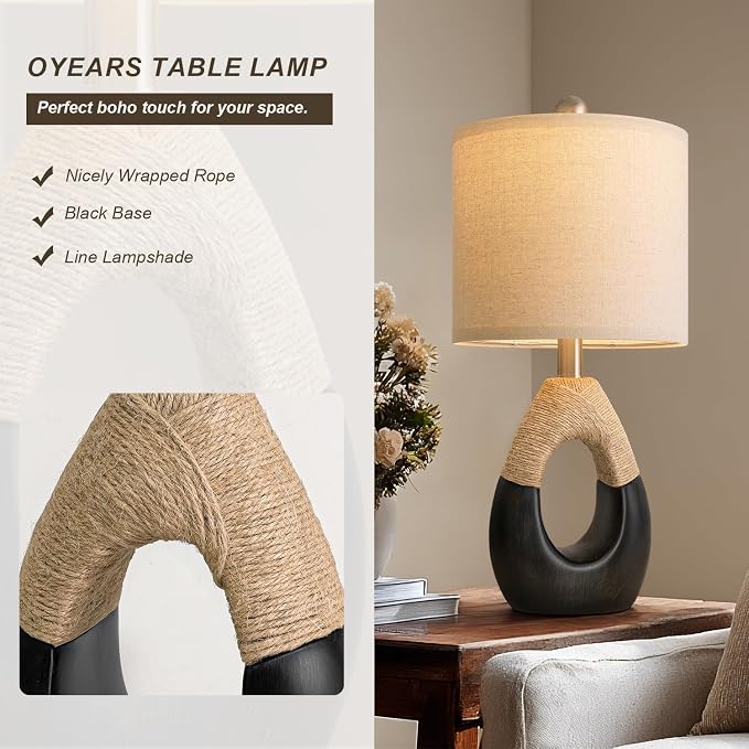 19" Table Lamps Set of 2, Bedside Lamps for Bedroom, Boho Lamps for Living Room, Rustic Lamps for Office, Vintage Design Nightstand Lighting (Bulb Not Included, Black)
