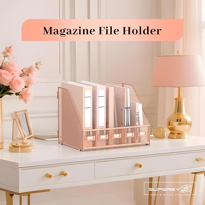 Desk Organizers Metal Desk Magazine File Holder with 5 Vertical Compartments Rack File Organizer for Office Desktop, Home Workspace, Rose Gold, Plus