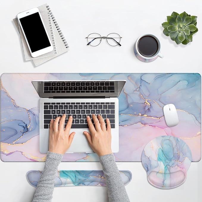 Keyboard Mouse Pad Set, 4 in 1 Desk Mat Set, Liquid Marbling | Blue Purple Large Mousepad+Keyboard Wrist Rest+Mouse Wrist Rest+Coaster Ergonomic Design for Home Office Computer
