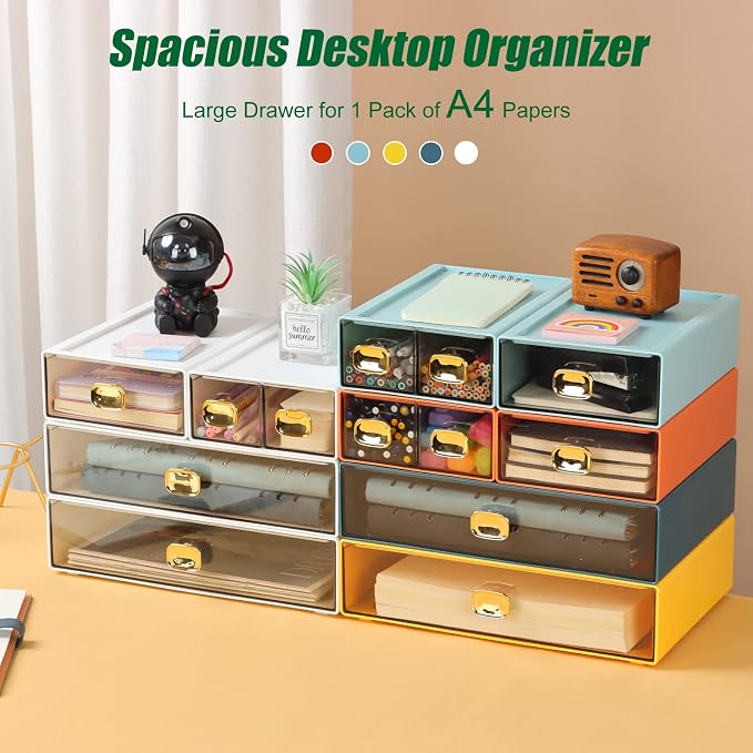 Desktop Storage Drawers, Plastic Countertop Printer Paper Organizer | Blue & Cyan, 2 Large Deep Drawers, Acrylic Organizer for Craft Storage File Cabinet, Tabletop Pen Holder, Teacher Toolbox