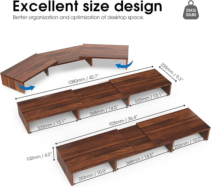 FITUEYES Dual Monitor Stand Riser, Adjustable Length and Angle, Brown | Wooden 3-Shelf Design, Supports up to 55lbs, Flexible for Standard Corner Space, Holds Monitor, Laptop, Phone, Printer