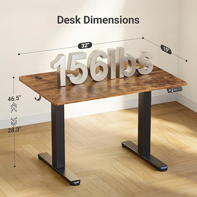 Claiks Electric Height Adjustable Standing Desk, 32x19 Inch, Rustic Brown | Smooth Height Adjustment, 3 Memory Presets, Cable management hub & hook, Stable Steel Frame, 156 lbs Capacity, Easy Assembly
