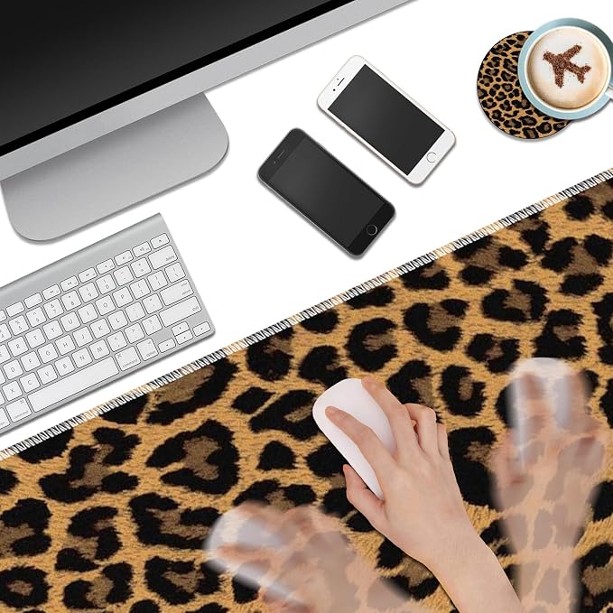 Personality Pattern Large Protective Desk Mat, Smooth Surface Soft Mousepad, Waterproof Non-Slip, 31.5 x 11.8 in Sewn Edge Office/Home, Leopard Print