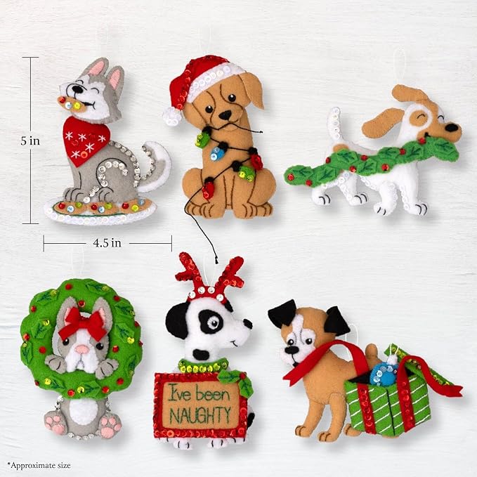 Bucilla Felt Applique 6 Piece Ornament Making Kit, Mischievous Puppies, Perfect for Holiday DIY Arts and Crafts, 89642E
