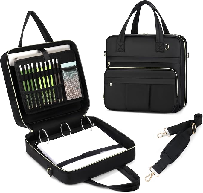 Zipper Binder | 3 Inch O-Ring, 600 Sheet Capacity Trapper Keeper with Shoulder Strap & Handle, Binder Bag with Multiple Storage Pockets, Fits 13" Laptop (Black)