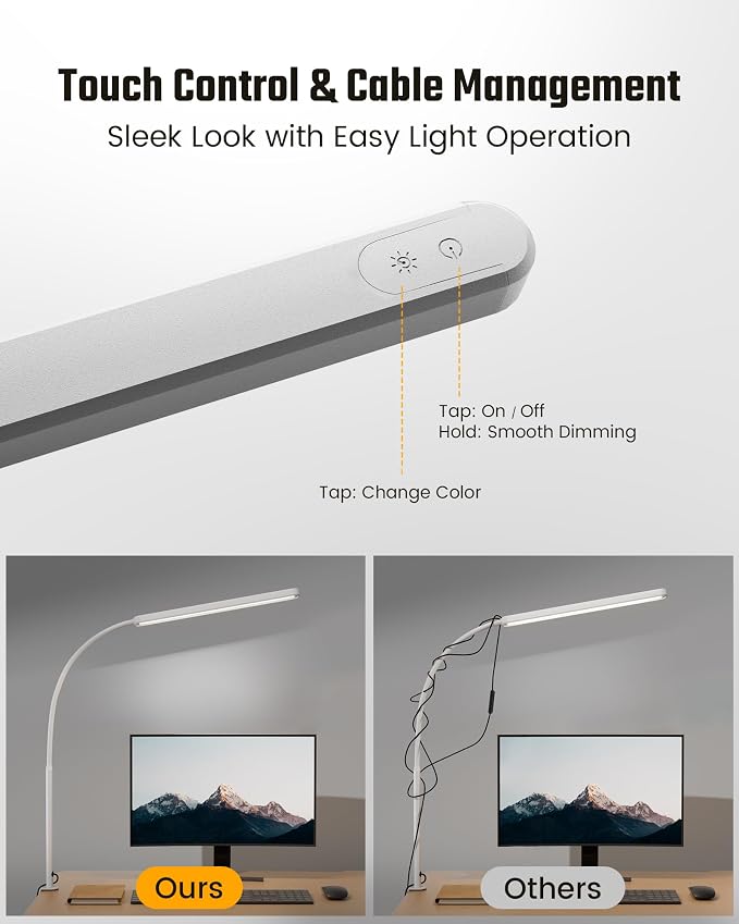 SUPERDANNY Eye-Caring LED Desk Lamp Work Lamp Office Lamp with Side Clamp | White, Touch Control, 360° Flexible Gooseneck, 3 Modes Smooth Dimming, Memory Function, Adapter, Metal, for Home Office Dorm