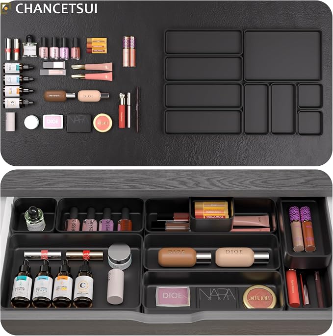 Black Bathroom Drawer Organizer Trays: 9 PC Stackable Desk Organizers Bin | vanity office kitchen modern shallow containers modular storage