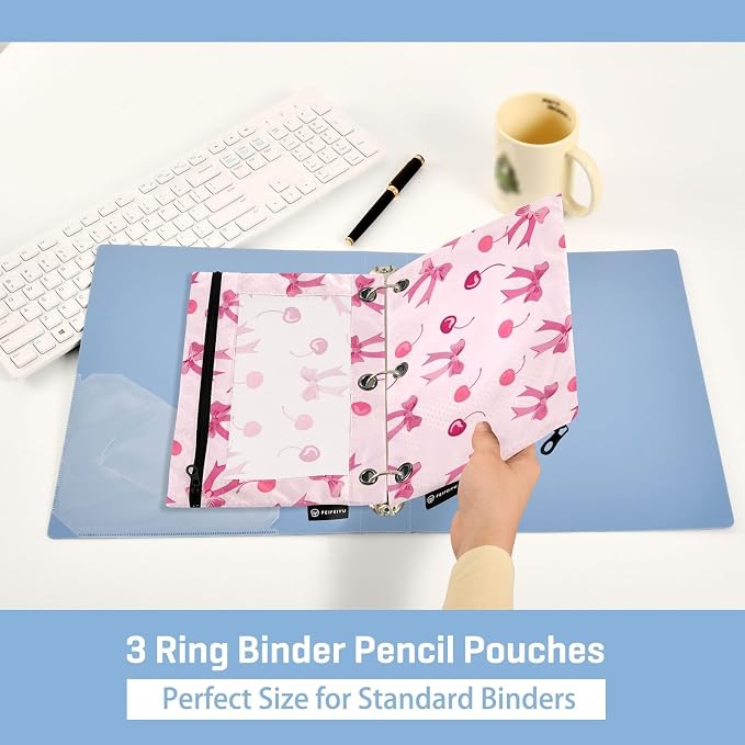 Pink Bows Cherry Pencil Pouch for 3 Ring Binder, 2 Pack Waterproof Pencil Bags Clear Window Pencil Case Zipper School Office Supplies