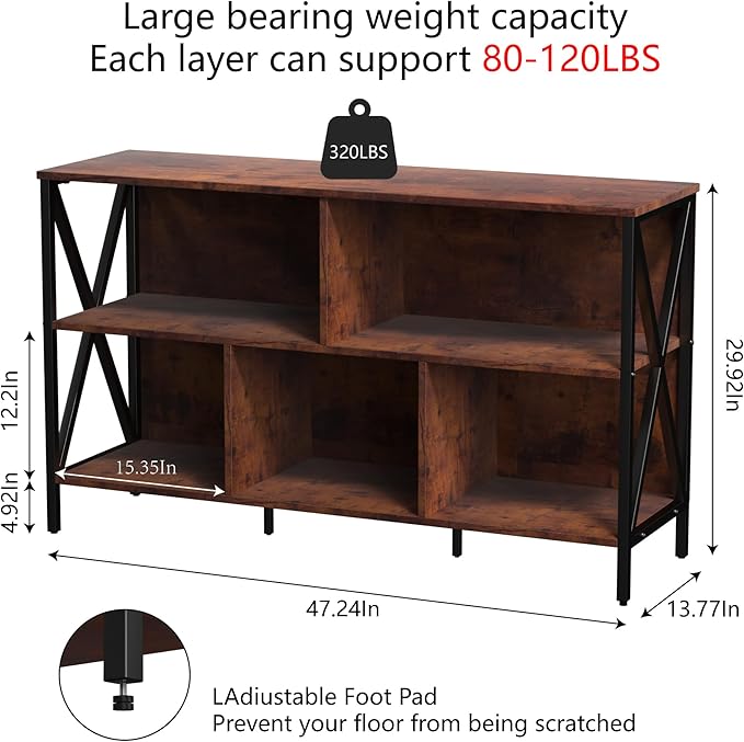 Adompacat 47" 5 Cube Low Bookshelf, Rustic Wood Storage Horizontal Bookcase | 320lbs heavy duty, robot vacuum friendly, 30-min assembly, open cubby storage for home office bedroom living room