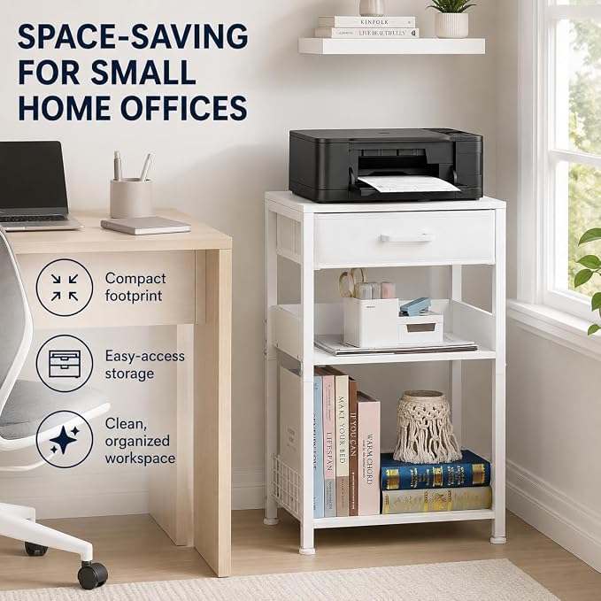 Lerliuo 3-Tier Printer Stand with Fabric Drawer and Shelves, White | Three-tier printer stand with fabric drawer and two shelves for paper, office supplies, scanners and fax machines