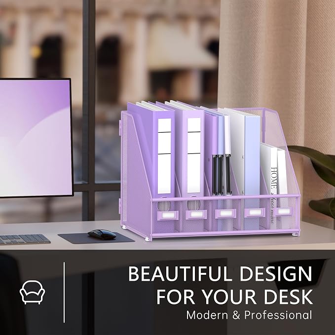 DALTACK 5-Slot Magazine File Holder, Metal Binder Holder, Purple | Iron Mesh Construction, Labeled Sections for Easy Sorting, Anti-Slip Feet, Binder and Folder Storage for Office, Classroom