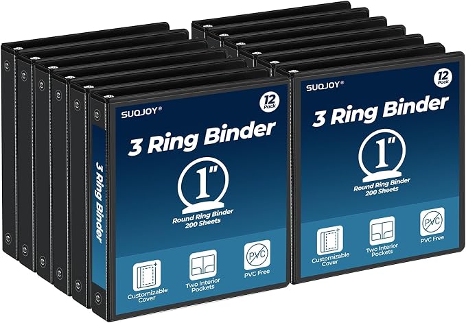 SUQJOY 1 Inch 3 Ring Binders 12 Pack, Clear View Binder Bulk, Black PVC-Free 3-Ring Binders for School, Office or Home, Fits 8.5 x 11 Inches Paper