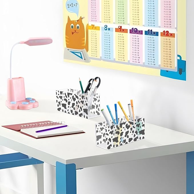 Classic Cow Print Clear Acrylic Cutlery and Pen Organizer, Acrylic Plastic Pencil Holder Square 4 Compartments Large Capacity Acrylic Pencil Holder Desk Pencil Organizer
