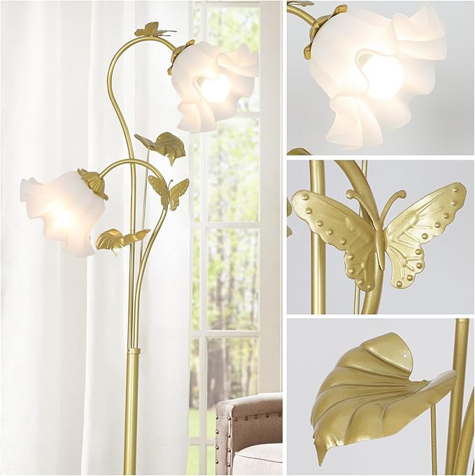 HMVPL Gold Floor Lamp for Living Room, Flower Standing Lamp with 2 LED 5W Blubs, Foot Switch, Floral Tall Lamp with Acrylic Shade, Antique Lotus Flower Floor Lamp for Living Room Office Reading