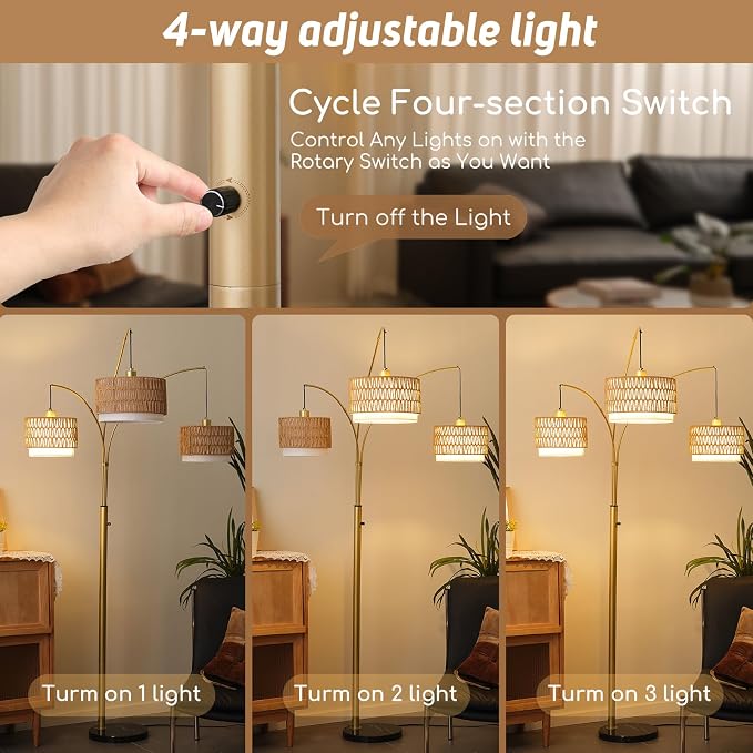 80'' Gold Rattan Arc Floor Lamp for Living Room, 3-Light Boho Tree Lamp | Heavy Natural Marble Base, 1/2/3-Light Rotary Switch,Double-layer Wicker/Fabric Shades for Reading Corners,8 ft+ Ceilings