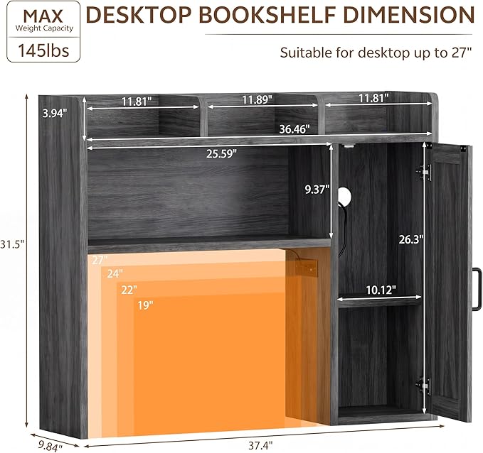 Dorm Desk Hutch, 37.4" Desktop Shelf with 6 Shelves & Power Outlet | Desk Hutch with Drawer & RGB LED Light Over Desk Organizer Desktop Storage Shelf for Dorm Office Home Computer Desk-Grey