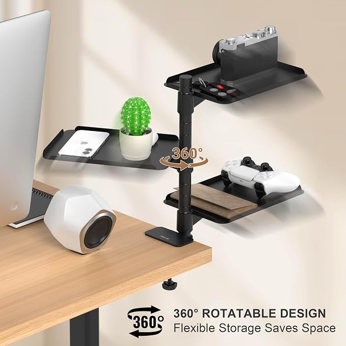 3 Tier Metal Clamp On Desk Shelf - 360° Rotatable Above/Under Table Storage, Adjustable Desktop Organizer for Home Office & Gaming, Storage Tray for Devices & Accessories