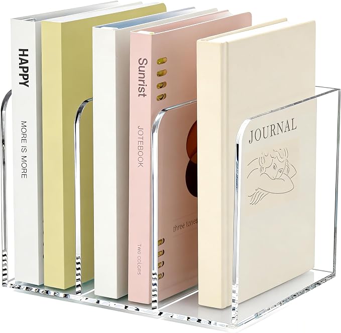 Clear Acrylic 3-Slot Magazine File Holder, Vertical Desk Organizer | 3 extra-wide compartments hold magazines, files, books, tablets. 5mm thick clear acrylic, non-slip base. No assembly.
