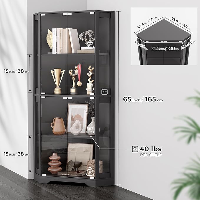 BROTTAR Lighted Corner Display Cabinet with Glass Doors for Collectibles | 65" Curio Cabinet with 3 Color LED Lights, 4-Tier Showcase Display Case with Human Body Sensor for Trophies, Books, Black