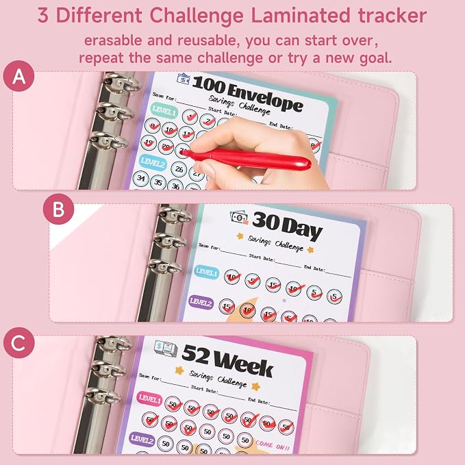2 Pack 100 Envelopes Money Saving Challenge, Cash Budget Planner A5 Binder | Savings Challenges Book Organizer Folder with 3 Tracker to Save $5,050 $2,600 $300, 100 Pre-numbered Pockets, Red & Pink