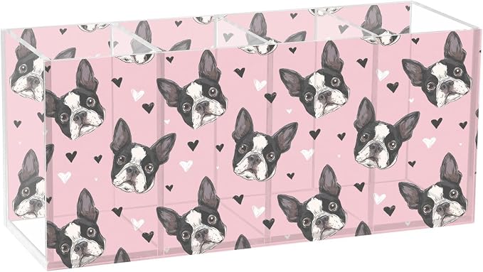 Cartoon French Bulldog Pink Acrylic Pencil Pen Holder Desk Accessories Holder, Cosmetic Brush Organizer Modern Design Desktop Stationery Organizer for Office School Home 7.87 x 2.48 x 3.54 In