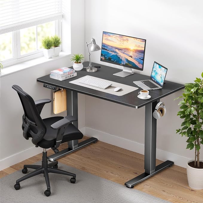 55 x 24 in Electric Standing Desk - Memory Height Adjustable | Ergonomic Sit-to-Stand Rising Computer Table Gaming Workstations with 2 Hooks and Wire Hole for Home Office, Black