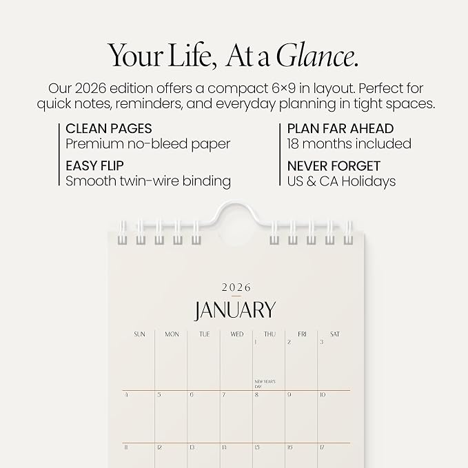 Karto Small Wall Calendar 2026 6x9 in - Beige | January 2026 to June 2027, Vertical, Boosts Productivity, Easy Monthly Planning