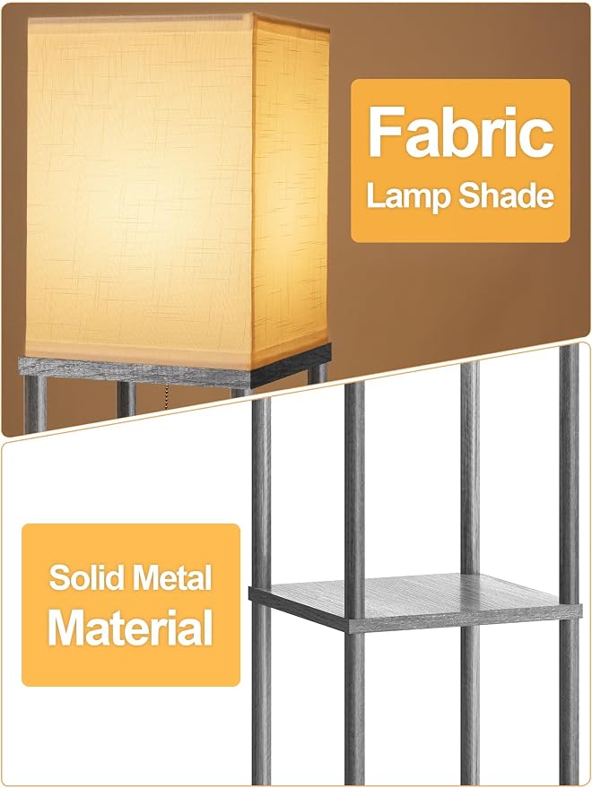 Floor Lamp with Shelves for Living Room, Shelf Floor Lamp with 3 CCT LED Bulb, Corner Display Standing Column Lamp Etagere Organizer Tower Nightstand with White Linen Shade for Bedroom, Dark Gray