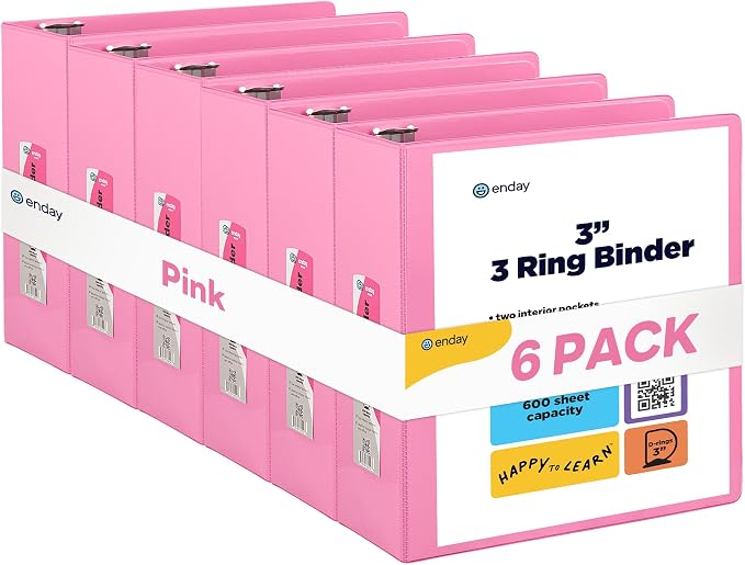 Enday 3 inch Binder (6 Pack - Pink) 3 Ring Binder 3 inch with Clear View Cover and 2 Inside Pocket - for Letter Size 8.5 x 11'' Paper, Ideal for School Supplies, Office, and Home