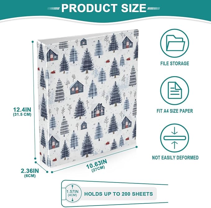 Winter Farmhouse Plaid Pine Trees 3 Ring Binder 1.5" Decorative D-Ring Binder with Clipboard&3 Clear Pockets, Holds 200 Sheets A4 Size Paper Waterproof Binders for School Home Office|2 Pack