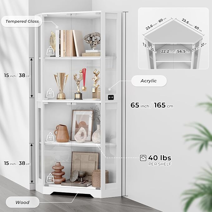BROTTAR Lighted Corner Display Cabinet with Glass Doors for Collectibles | 65" Curio Cabinet with 3 Color LED Lights, 4-Tier Showcase Display Case with Human Body Sensor for Trophies, Books, White